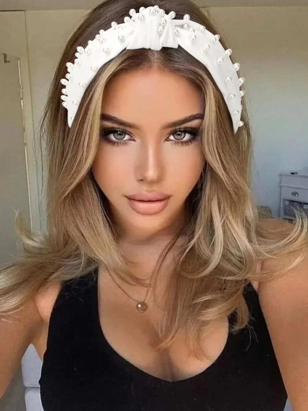 Pearl Embellished Knotted Headband for Women & Girls - Wide Faux Leather White H